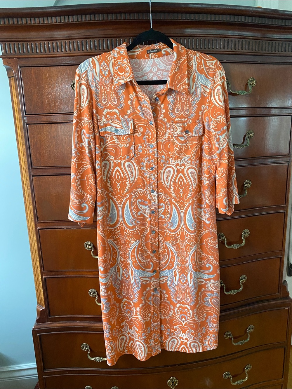 Paisley Button-Front Autumn Toned Midi Shirt Dress in Catalina Cloth.